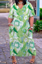 Зеленое повседневное базовое платье с коротким рукавом и v-образным вырезом с принтом