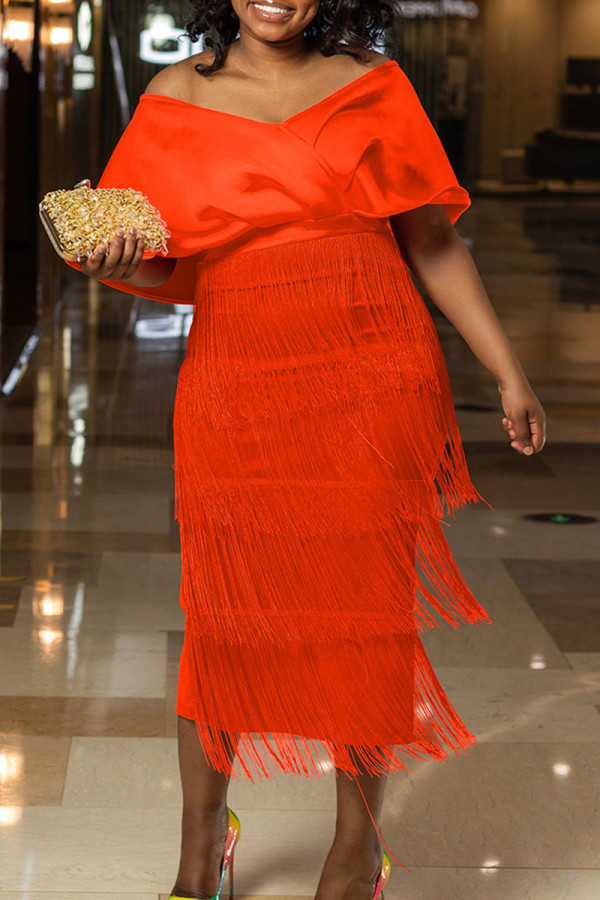 Tangerine Red Elegant Solid Tassel Patchwork V Neck Evening Dress Dresses