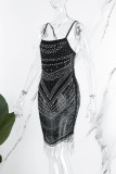Schwarzes, sexy, solides, durchsichtiges, durchsichtiges Patchwork-Spaghetti-Träger-Sling-Kleid