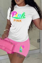 Pink Casual Print Letter O Neck Plus Size Two Pieces