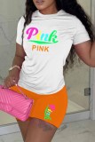 Pink Casual Print Letter O Neck Plus Size Two Pieces