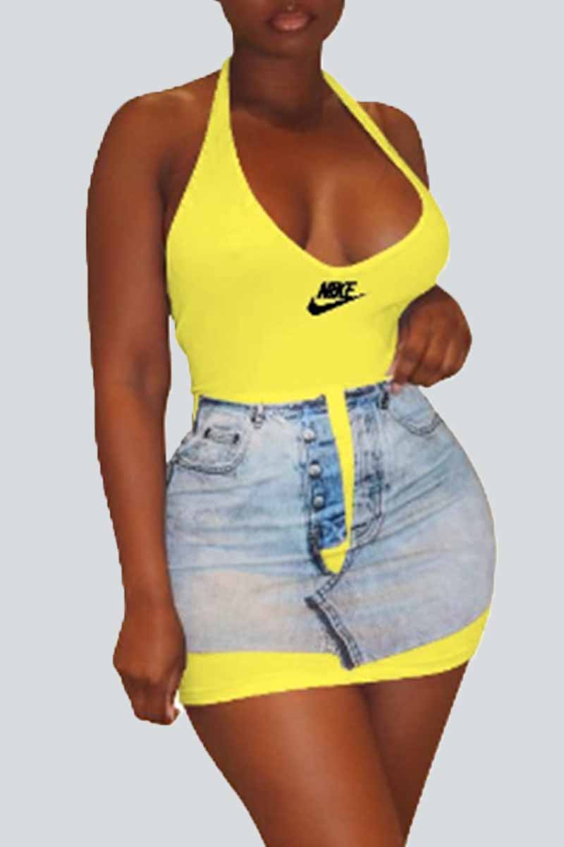 

Yellow Sexy Print Patchwork Backless U Neck One Step Skirt Dresses