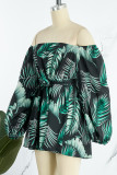 Green Casual Street Print Bandage Patchwork Off the Shoulder Three Quarter Two Pieces