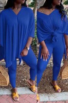 Blue Fashion adult Ma'am OL V Neck Solid Two Piece Suits Plus Size