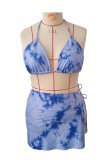 Blue Sexy Print Bandage Backless Halter Plus Size Swimsuit Three Piece Set (With Paddings)