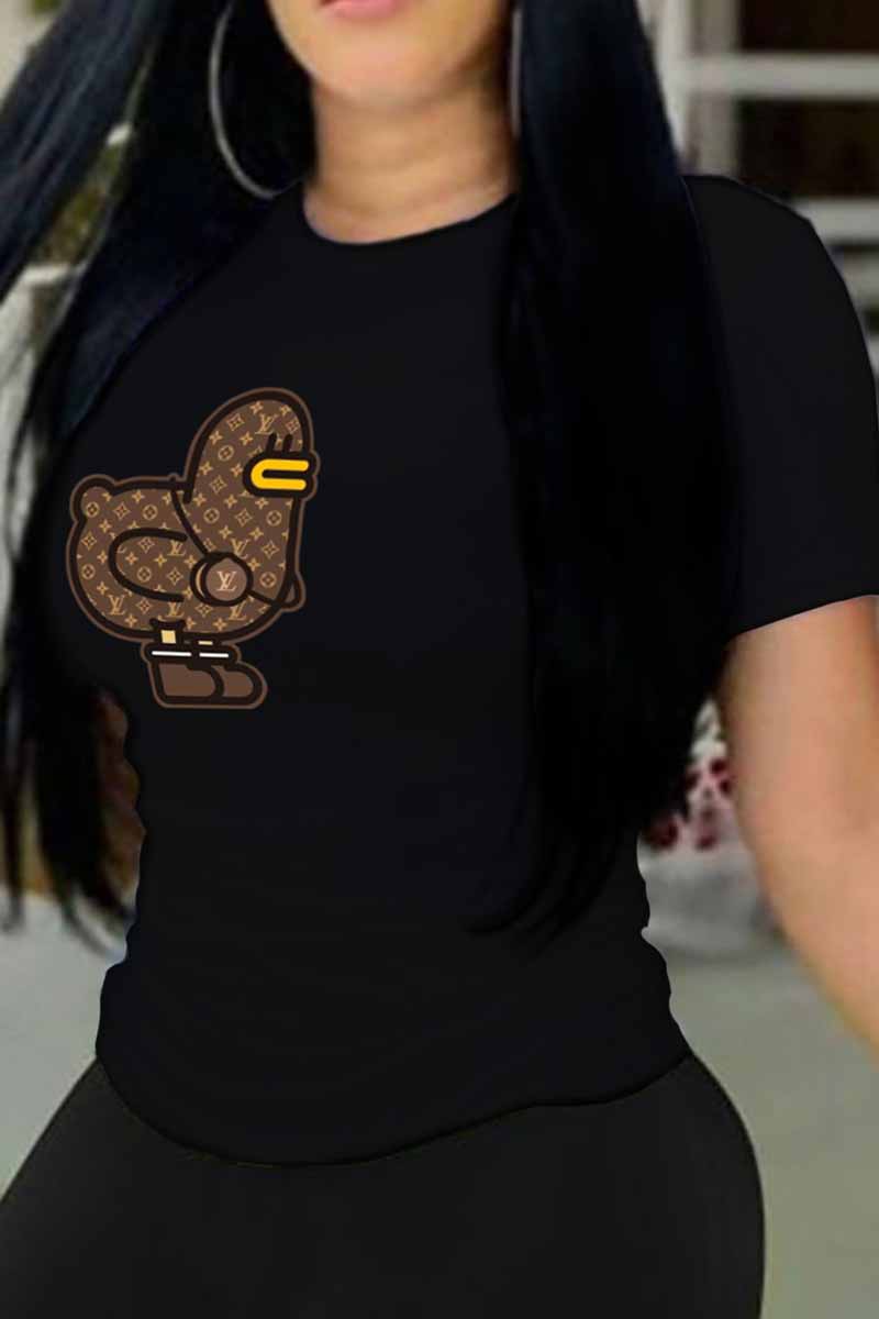 

Black Casual Print Letter O Neck T-Shirts