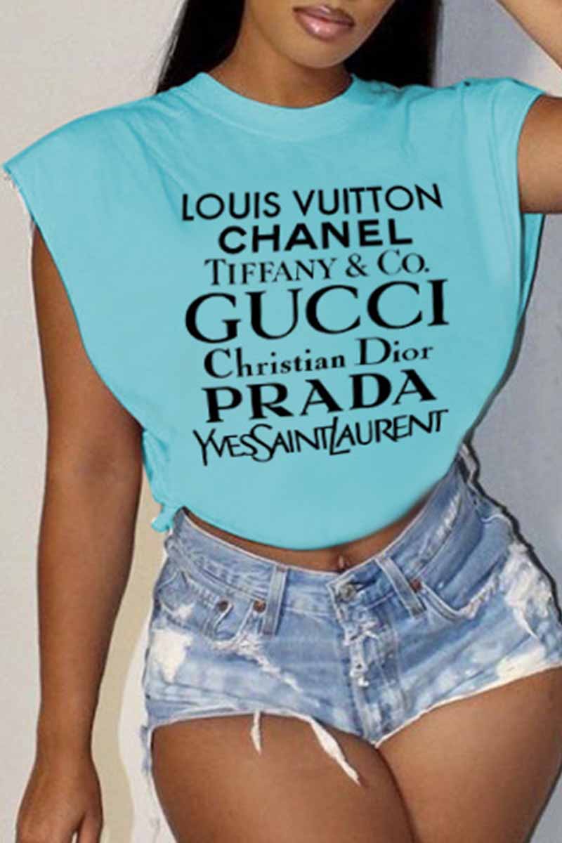 

Light Blue Casual Street Print Letter O Neck T-Shirts