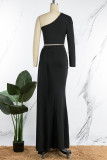 Black Sexy Formal Solid Patchwork Oblique Collar Evening Dress (Without Belt)