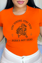 Camisetas casuais laranja com estampa de caveira patchwork letra O decote
