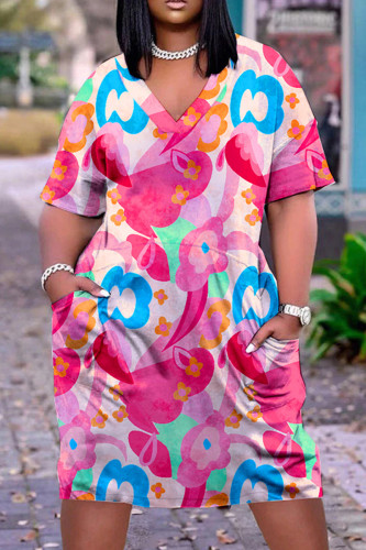 Pink Casual Print Patchwork V Neck Short Sleeve Dress