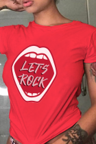 T-shirts décontractés quotidiens lèvres imprimé patchwork lettre O cou rouge
