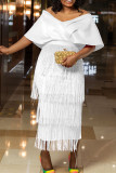 Weißes, elegantes, festes Patchwork-V-Ausschnitt-Abendkleid mit Quaste