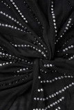 黒のセクシーな無地パッチワーク シースルー スリット ホット ドリル スパゲッティ ストラップ スリング ドレス ドレス