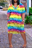 Yellow Casual Rainbow Print Patchwork V Neck Short Sleeve T-shirt Loose Dress