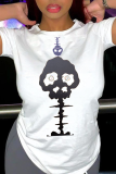 Navy Blue Casual Street Skull Patchwork O Neck T-Shirts