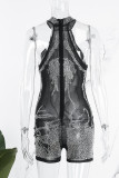 Pagliaccetto skinny trasparente con scollo a V e perforazione calda patchwork nero sexy