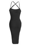 Черная сексуальная сплошная лоскутная юбка-карандаш на тонких бретельках Платья больших размеров