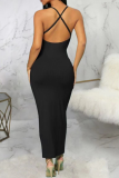 Negro sexy sólido patchwork correa de espagueti lápiz falda más vestidos de tamaño