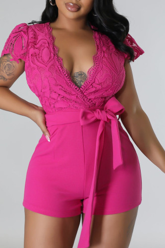 Rose Pink Sexy Solid Bandage Patchwork V Neck Regular Rompers