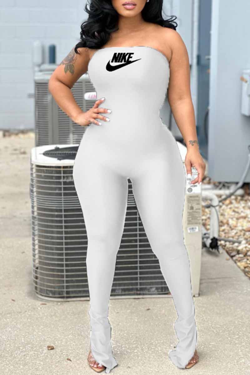 

White Sexy Print Slit Letter Strapless Jumpsuits