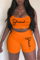 Tangerine Red Casual Sportswear Print Patchwork Spaghetti Strap Sleeveless Two Pieces