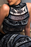 Negro sexy estampado patchwork transparente o cuello sin mangas dos piezas