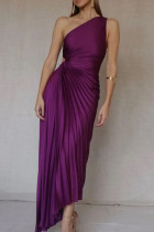 パープル エレガント ソリッド パッチワーク フォールド 非対称 斜めカラー イブニングドレス ドレス