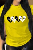 Gelbes, lässiges Patchwork-T-Shirt mit O-Ausschnitt