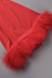 Röd sexig solid bandage Patchwork fjädrar V-hals långärmad två delar