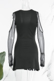 Black Sexy Solid Hollowed Out Backless V Neck Long Sleeve Dresses