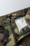Army Green Casual Street Camouflage Print Patchwork Buckle Turndown Collar Manica corta Due pezzi
