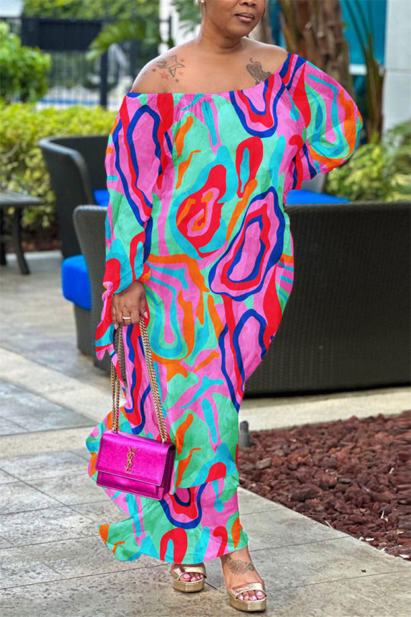 Multi-color casual print backless off-shoulder jurken met lange mouwen