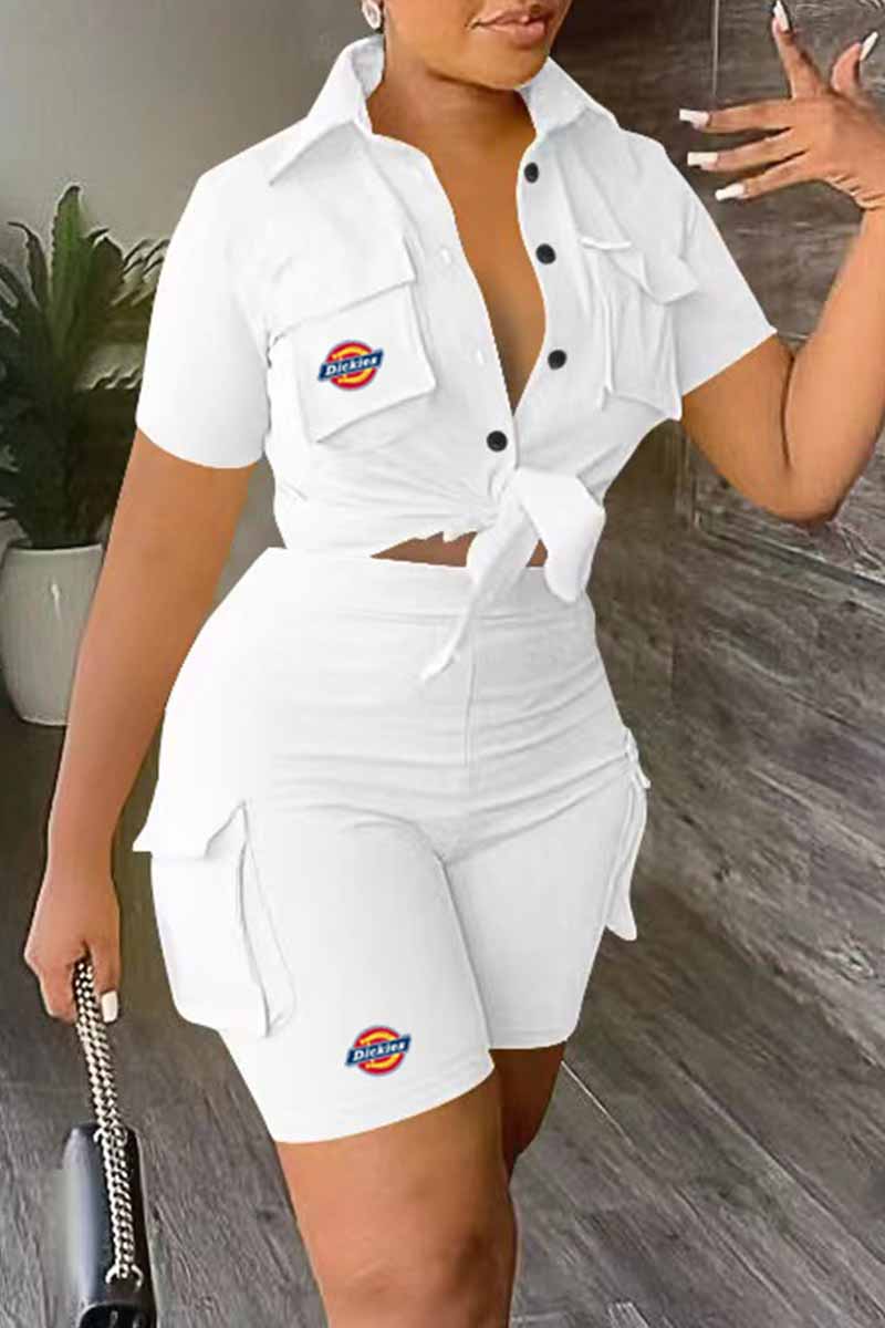 

White Casual Print Patchwork Turndown Collar Short Sleeve Two Pieces