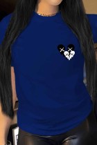 Camisetas con cuello en O de patchwork con estampado casual azul