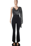 Green Sexy Solid Sequins Patchwork V Neck Straight Jumpsuits