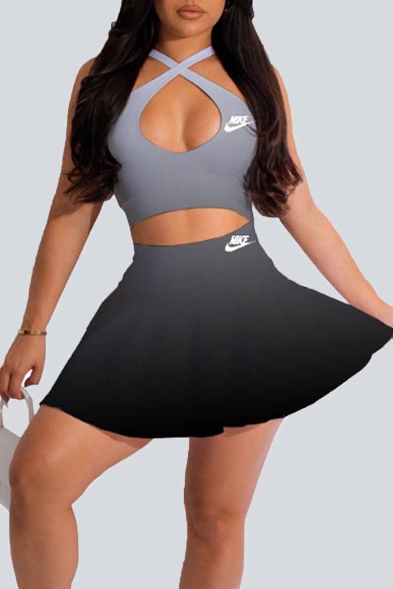 

Grey Sexy Street Print Backless Letter Sleeveless Two Pieces