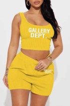 Yellow Casual Print Letter U Neck Sleeveless Two Pieces