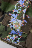 Army Green Casual Street Camouflage Print Patchwork Gesp Turndown Collar Korte mouw Twee stukken