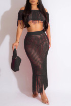 Black Sexy Solid Tassel Hollowed Out Patchwork Off the Shoulder Short Sleeve Two Pieces