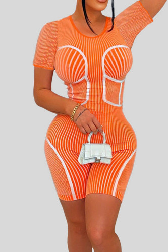 Orange Sexy Striped Print Patchwork O Neck Skinny Rompers