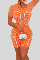 Barboteuse slim orange sexy à rayures et imprimé patchwork à col rond