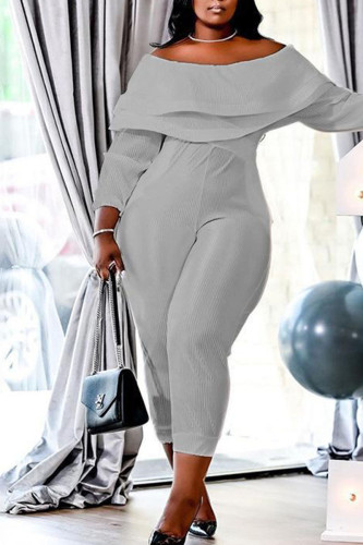 Grey Casual Solid Patchwork Flounce Off the Shoulder Plus Size Jumpsuits
