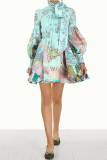 Lichtgroen casual print patchwork lint kraag A-lijn jurken
