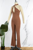 Brown Sexy Solid Hollowed Out Backless Halter Skinny Jumpsuits