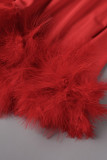 Rosso sexy fasciatura tinta unita patchwork piume scollo a V manica lunga due pezzi