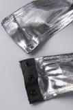 Dos piezas de manga larga de cuello alto transparente de patchwork sexy gris oscuro