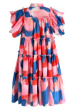 タンジェリン レッド ファッション カジュアル プリント パッチワーク バックル ターンダウン カラー A ライン ドレス