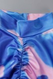 Vestidos de manga larga con cuello alto y estampado casual azul Tie Dye Fold