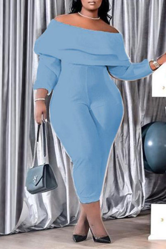 Baby Blue Casual Solid Patchwork Flounce Off the Shoulder Plus Size Jumpsuits