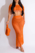 Orange Sexy Solid Tassel Hollowed Out Patchwork Off the Shoulder Short Sleeve Two Pieces